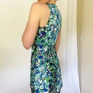 Robe Sans Manches Ann Taylor, Imprimé Floral Bleu Et Marron - Taille 4 - Occasion